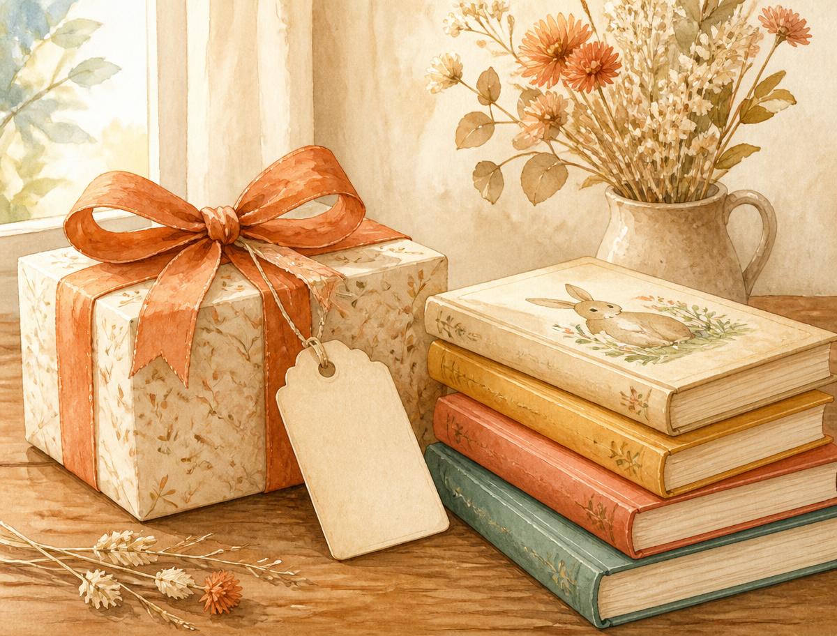 A ribboned gift beside a stack of hardcover children's books on a wooden table with dried flowers
