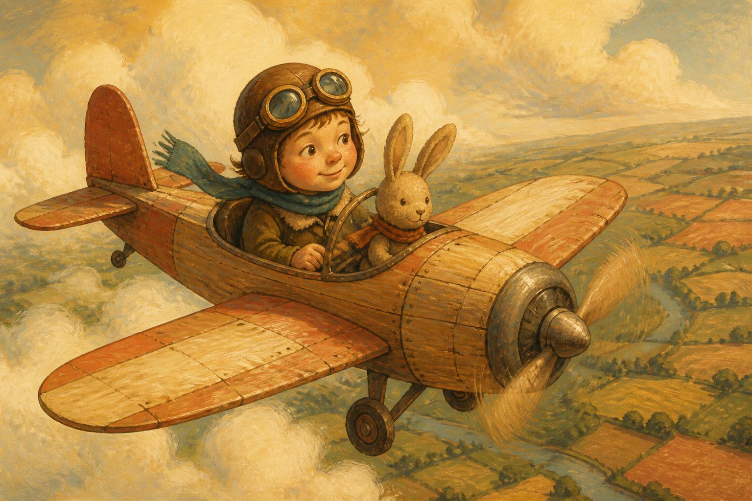 A child in a flying cap and goggles piloting a small wooden plane with a stuffed rabbit beside them