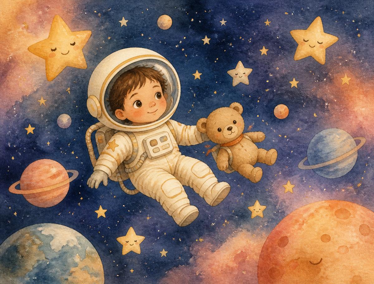 A child in a cream spacesuit drifting among friendly stars with a teddy bear